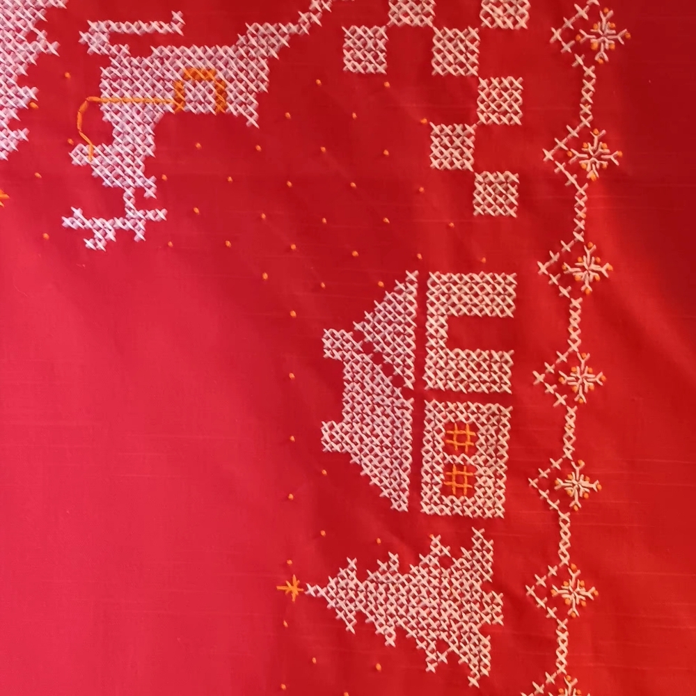 Vintage 50 x 70 Hand embroidered  linen Christmas Tablecloth